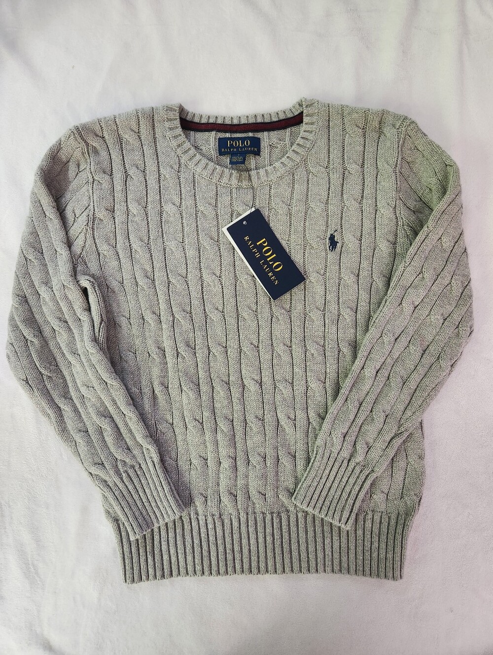 Ralph Lauren Crewneck Cable-Knit Sweater in Light Gray